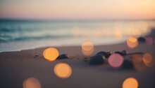 Natural Blurred Background. Beach And Sea Waves With Sun Bokeh, Sunset Or Sunrise. Generative Ai