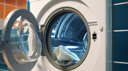 The bathroom reveals an open washing machine, ready to take on the laundry load.