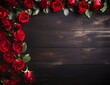 Rose Floral Border with Copy Space on a Dark Wood Surface
