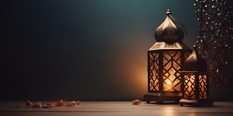 islamic golden lantern on dark background, eid mubarak, Eid al Adha, AI Generated