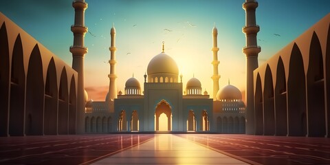 Wall Mural - illustration of the beautiful shiny mosque and ramadan islamic culture icon and with beautiful sun light, The landmark, generative AI