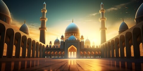 Wall Mural - illustration of the beautiful shiny mosque and ramadan islamic culture icon and with beautiful sun light, The landmark, generative AI