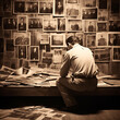 The pull of past times - A nostalgic man reminiscing while looking at old photographs, encapsulating the profound emotion of longing
