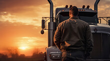 The Truck Driver Stands On The Truck With A Sunset View