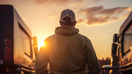 truck driver is standing on a truck at sunset