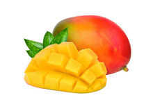 Whole And Slice Ripe Mango Fruit With Green Leaves Isolated PNG