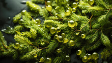 Fresh Conifer Branch With Water Droplets On Green Background AI Generated
