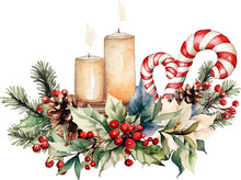 Christmas Wreath With Candle And Holly Watercolor Ornament Vector Illustration 