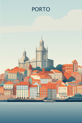 Wall Mural - Portugal Lisbon city retro poster with abstract shapes of landmarks, coastline, skyline. Vintage travel vector Portuguese cityscape waterfront illustration