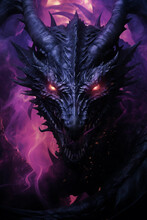 The Head Of A Purple Dragon With Glowing Eyes Surrounded By Smoke