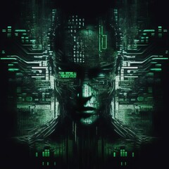 Woman's face with digital computer code and circuit, AI generated