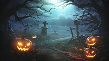 Spooky Halloween Night: Eerie Graveyard And Jack-o-Lanterns On A Dirt Road