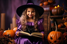 Happy Little Child Girl In Witch Costumes And Makeup Having Fun On Halloween Celebration.
