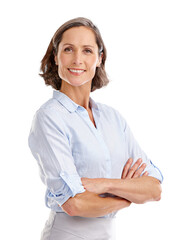 Canvas Print - Business woman, arms crossed and worker portrait of corporate lawyer employee with a smile. Leader, proud and isolated on transparent, png background with mature female person ready for law work