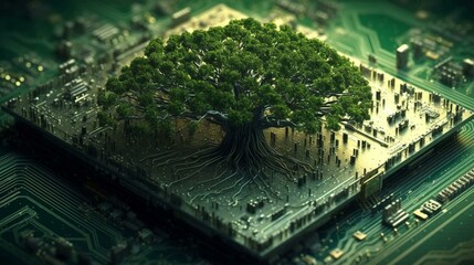 Poster - Green natural eco-friendly tree and computer technology on an abstract high-tech futuristic background of microchips and computer circuit boards with transistors. AI generated