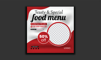 Wall Mural - Fast food restaurant business marketing social media post or web banner template design with abstract background, logo and icon. Fresh pizza, burger & pasta online sale promotion flyer or poster