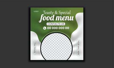 Wall Mural - Fast food restaurant business marketing social media post or web banner template design with abstract background, logo and icon. Fresh pizza, burger & pasta online sale promotion flyer or poster