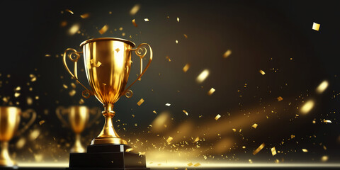 golden trophy award with falling confetti copy space for text background