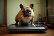 © Cavan - sad fat french bulldog on a weighing scale. Generative AI