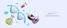 Realistic 3d DNA Structure, Different Flask With Liquids And Microscope. Concept Of Genetic Engineering. Medical Research In Professional Laboratory. Vector Illustration With Place For Text