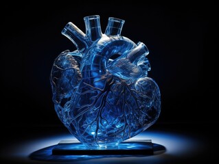 Poster - A glass heart sculpture on a blue base. Generative AI.