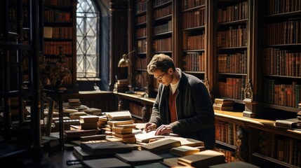 Wall Mural - A man standing in front of a table full of books. Generative AI.