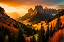As The Sun Begins Its Descent Behind The Majestic Peaks Of Dolomites, Italy.AI Generated