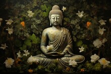 Buddha Statue With Lotus Flower And Green Leaves Background.Generative Ai