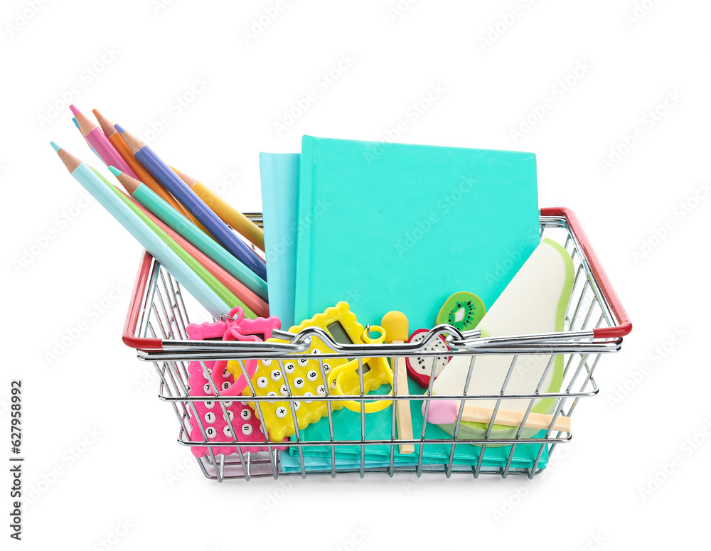 Shopping basket with school stationery on white background