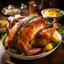 Roasted Chicken Or Turkey With Potatoes On Table, Dish For Holiday, Thanksgiving, Generative Ai