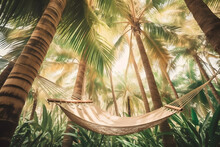 Relaxing Hammock Nestled Between Palm Trees On A Tropical Island, Inviting Viewers To Imagine A Serene And Tranquil Summer Escape. Generative AI