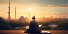 Muslim Man Sitting And Holding Quran With View Of Mosque, Eid Ul Adha Mubarak Day Background Illustration, Generative AI