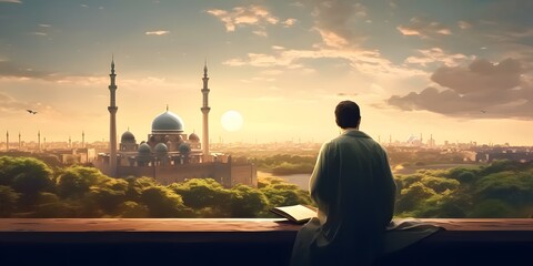 Muslim man sitting and holding Quran with view of mosque, eid ul adha mubarak day background illustration, Generative AI