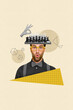 © deagreez - Vertical collage of funny surprised funky gentleman guy absurd head brainstorming fight battle play chess isolated on beige background