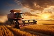 Combine harvester working on a wheat field at sunset. A tractor harvesting wheat starch in the sunset on a country field, AI Generated