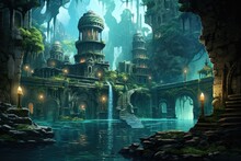 Fantasy Landscape With Fantasy Temple In The Deep Forest. A Thriving Hidden Oceanic Civilization With Enchanting Architecture, Bioluminescent Plants, And Mysterious Inhabitants, AI Generated
