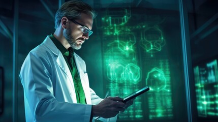 Canvas Print - A man in a lab coat using a cell phone. Generative AI.