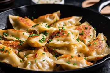 Wall Mural - Polish fried dumplings pierogi topped with sourcream