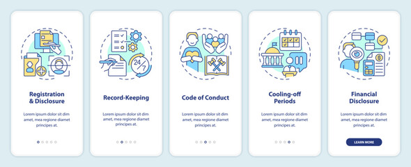 Poster - 2D multicolor icons representing lobbying government mobile app screen set. 5 steps graphic instructions, UI, UX, GUI template.