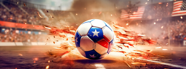 Wall Mural - football ball with american flag symbols in fire, energy and movement, sports performance, banner made with Generative AI