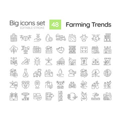 Sticker - Farming trends linear icons set. Agriculture technology. Food industry. Climate change. Natural product. Customizable thin line symbols. Isolated vector outline illustrations. Editable stroke