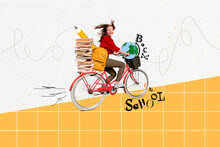 Creative Collage Of Happy Girl Ride Bicycle Back To School Pile Stack Book Bag Pencil Planet Earth Globe Isolated On Painted Background