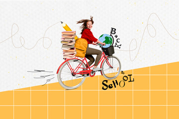 creative collage of happy girl ride bicycle back to school pile stack book bag pencil planet earth g