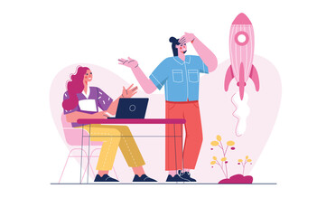 Poster - Startup concept with people scene in the flat cartoon style. The team is working on creating a startup and business ideas. Vector illustration.