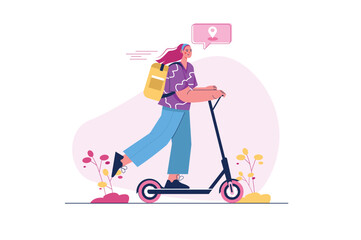 Aufkleber - Delivery concept with people scene in the flat cartoon design. A courier on a scooter delivers the order to the client. Vector illustration.