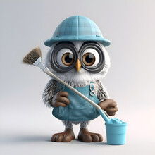 Owl With Paint Bucket And Paint Brush - 3D Illustration