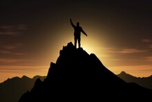 Silhouette Of A Triumphant Individual Standing A Mountain, AI
