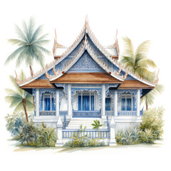 Thai traditional house in flat style isolated on white background, Asia culture architecture concept.
