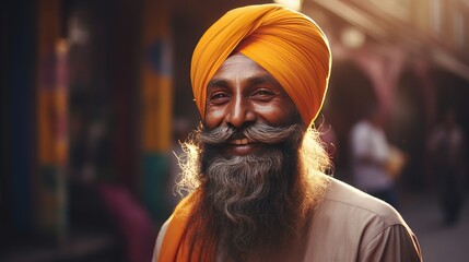 Happy sikh indian man in pagri headwear portrait walking on street, smiling man wearing turban adherent of Sikhism religion, joyful attractive bearded man portrait at India street, generative AI