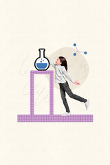 Sticker - Creative poster collage of excited little smart intelligent clever chemistry flask experiment search subject molecules unusual fantasy